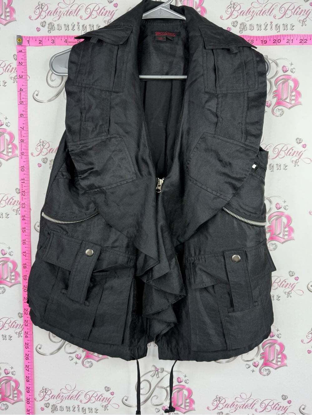 Simon Chang vest ruffle zippers cargo Black Ruffled Utility Vest